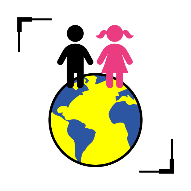 Graphic icon of a boy and a girl on top of the earth