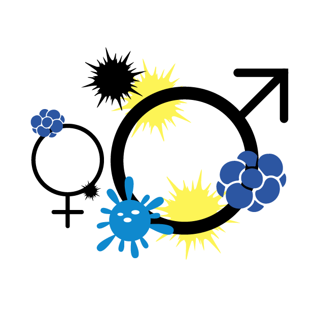Graphic icon of male & female symbols surrounded by germs