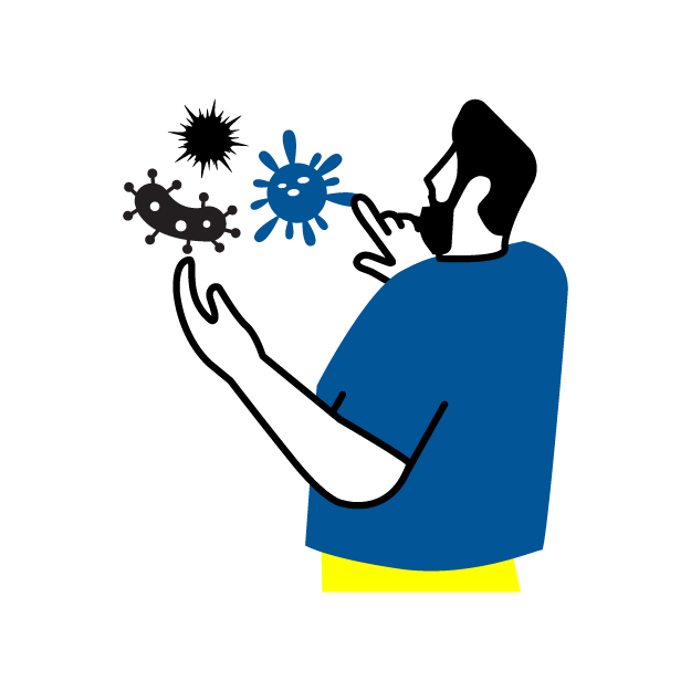 Graphic icon of a man pointing at germs