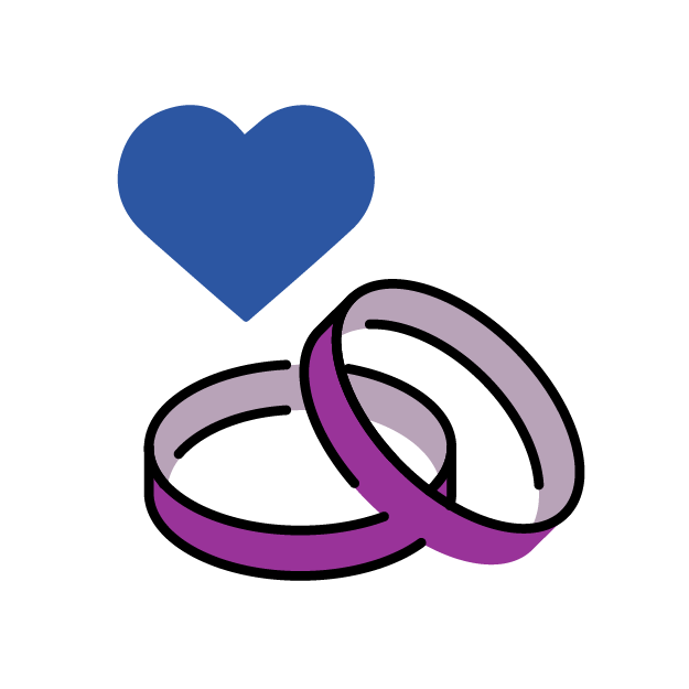 Graphic icon of a pair of wedding rings with a heart