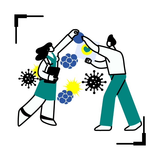 Graphic icon of a man and a woman touching hands, with many germs in the background